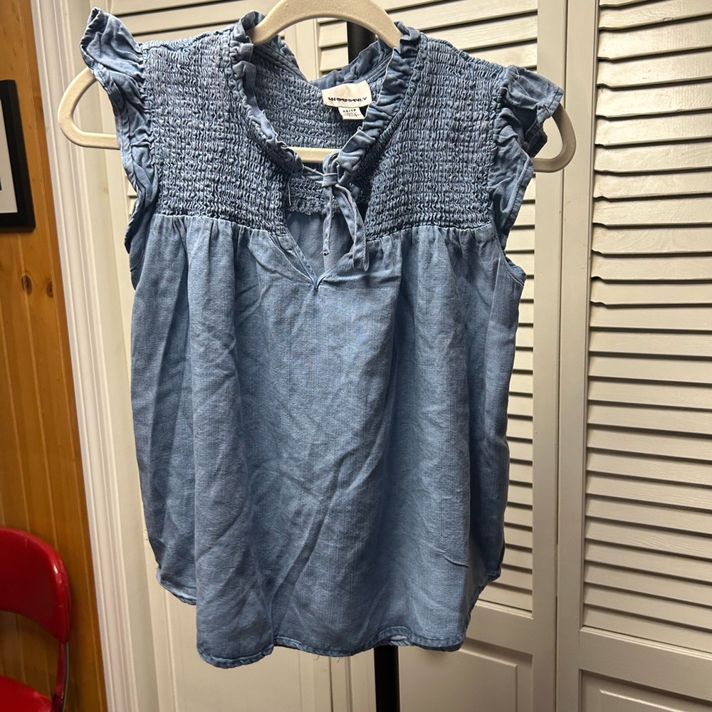 Nwot INDUSTRY Blue Ruffled Smocked Top - Picture 3 of 6